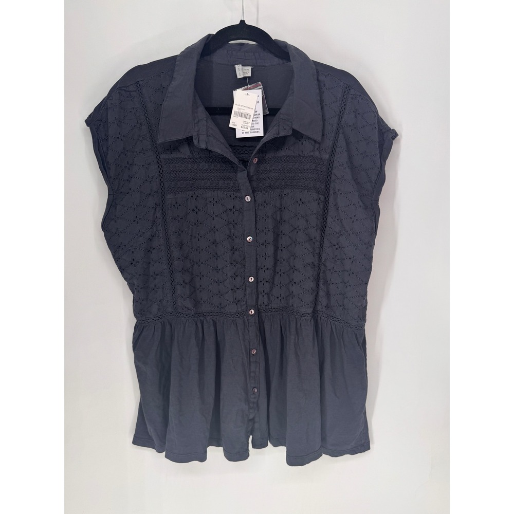 Cato Peplum Top Womens 18/20 Asphalt NWT Eyelet Crochet Lace Button Front